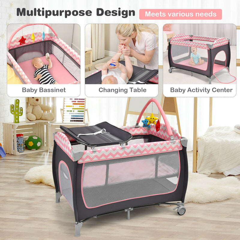 3 in 1 Baby Playard Portable Infant Nursery Center w/ Zippered Door Pink BB0510PI