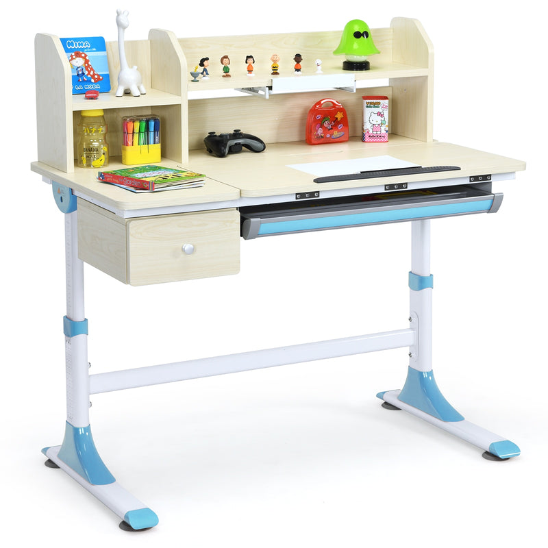 Adjustable Height Kids Study Desk Drafting Table w/Bookshelf&Hutch Blue HW67588BL