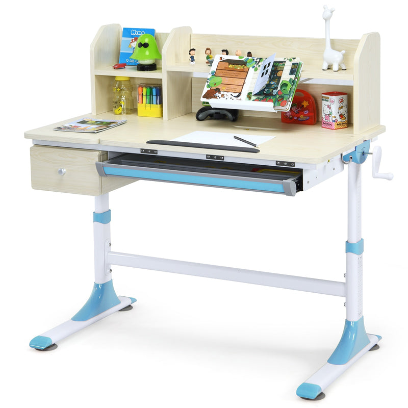 Adjustable Height Kids Study Desk Drafting Table w/Bookshelf&Hutch Blue HW67588BL