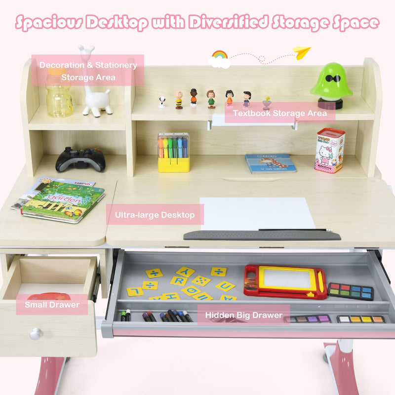 Adjustable Height Kids Study Desk Drafting Table w/Bookshelf&Hutch Pink