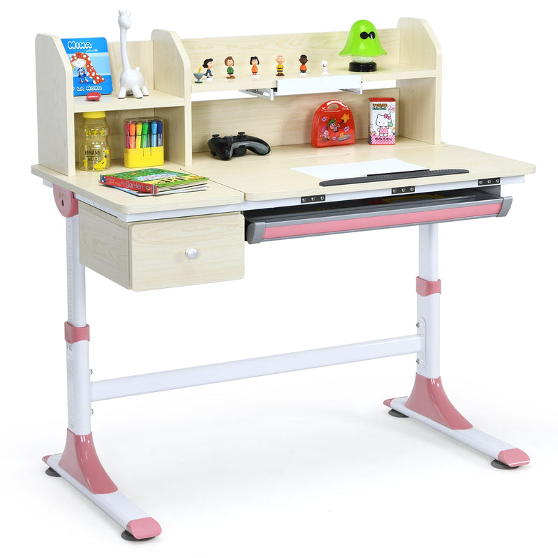 Adjustable Height Kids Study Desk Drafting Table w/Bookshelf&Hutch Pink