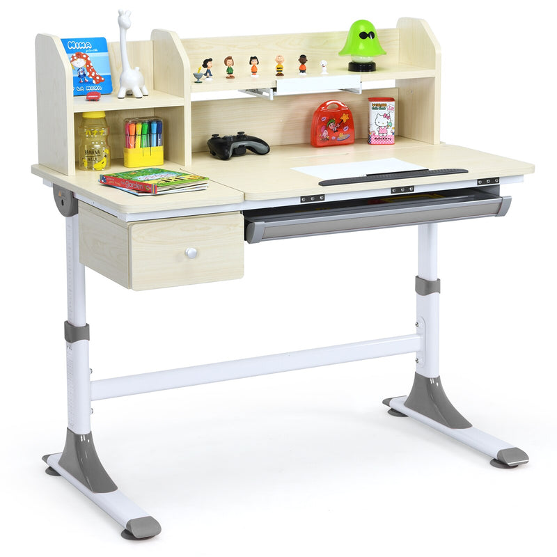 Adjustable Height Kids Study Desk Drafting Table w/Bookshelf&Hutch Grey