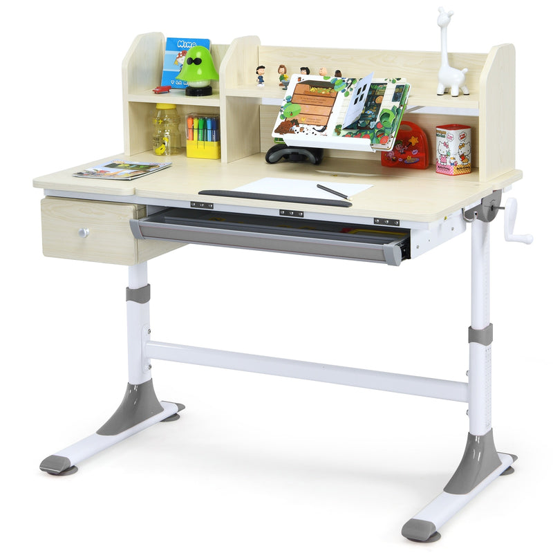Adjustable Height Kids Study Desk Drafting Table w/Bookshelf&Hutch Grey