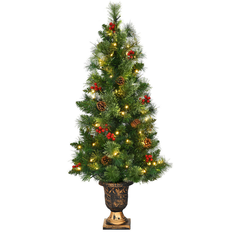 4Ft/5Ft Pre-Lit Christmas Entrance Tree In Urn w/ 60/100 LED Light Red Berries Pine Cone