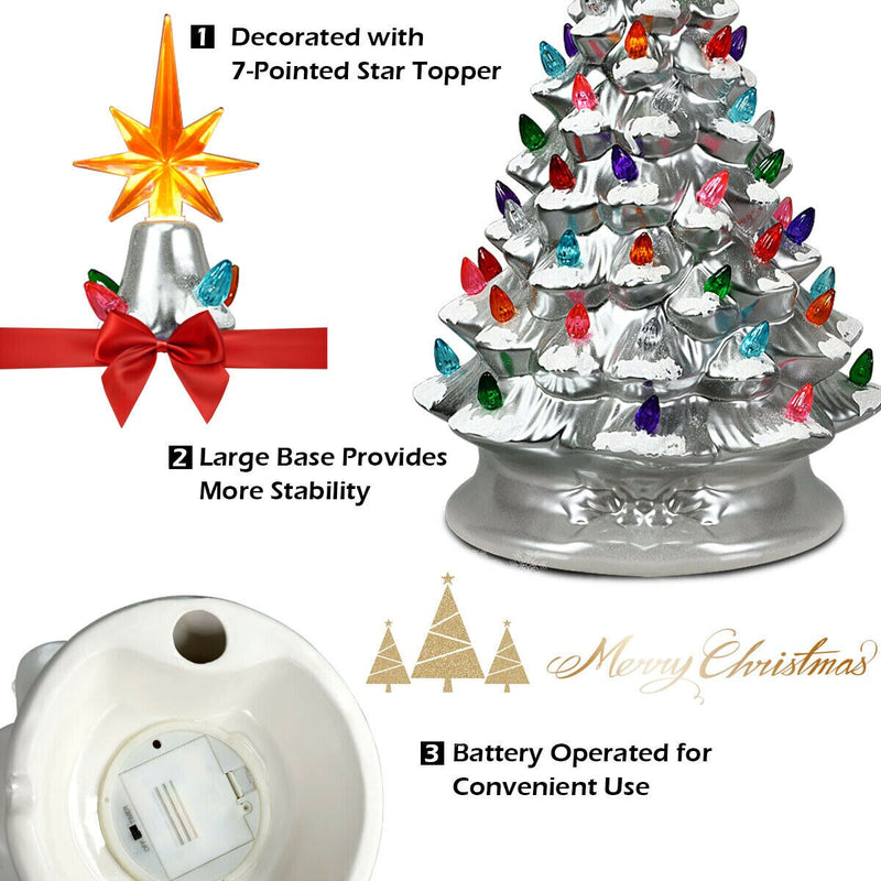 Ceramic Tabletop Christmas Tree Battery Powered Silver