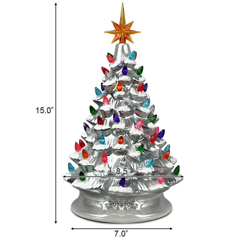 Ceramic Tabletop Christmas Tree Battery Powered Silver