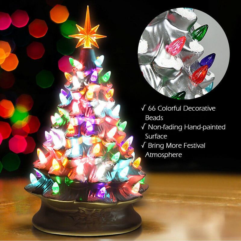 Ceramic Tabletop Christmas Tree Battery Powered Silver