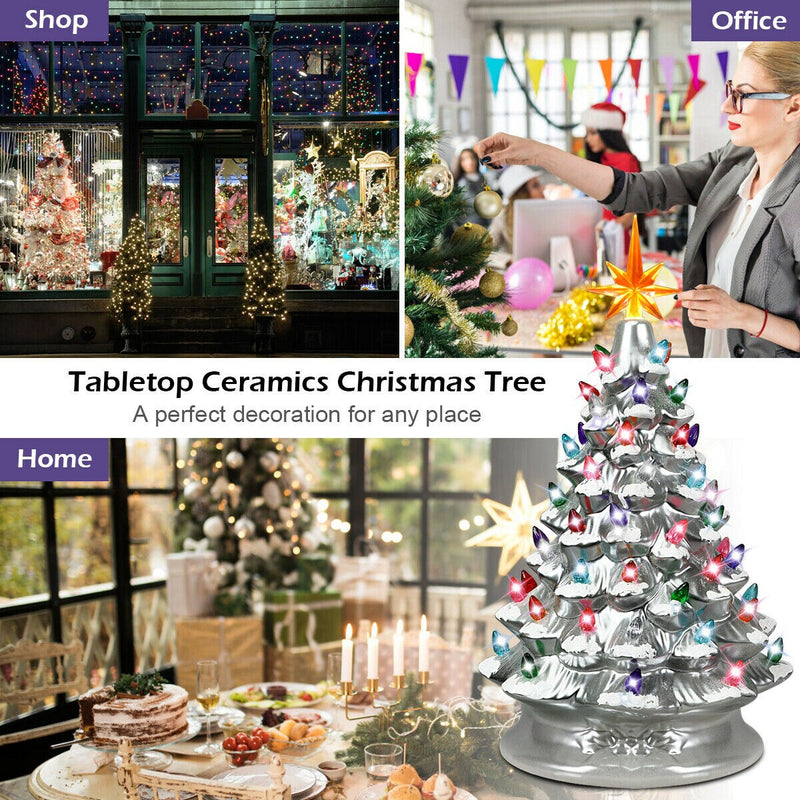 Ceramic Tabletop Christmas Tree Battery Powered Silver