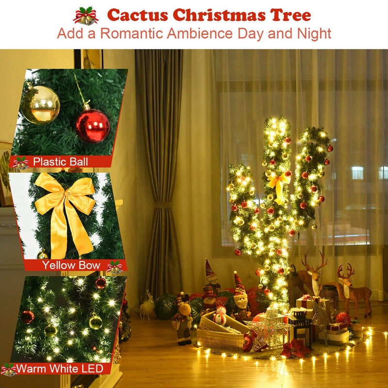 5Ft/6Ft/7Ft Pre-Lit Cactus Artificial Christmas Tree w/LED Lights and Ball Ornaments