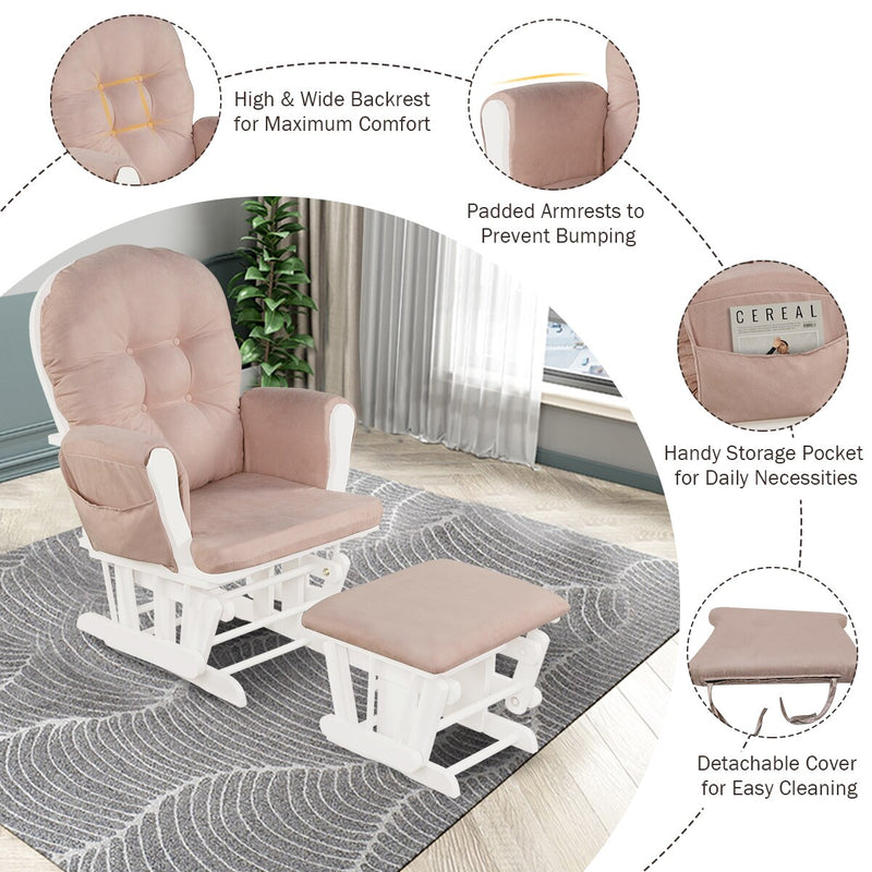 Glider and Ottoman Cushion Set Wood Baby Nursery Rocking Chair Pink