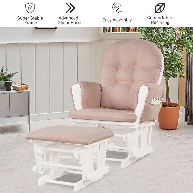 Glider and Ottoman Cushion Set Wood Baby Nursery Rocking Chair Pink