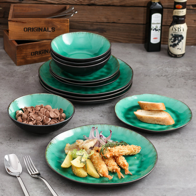 12-Piece Pottery Stoneware Vintage Look Ceramic Green Dinnerware Set