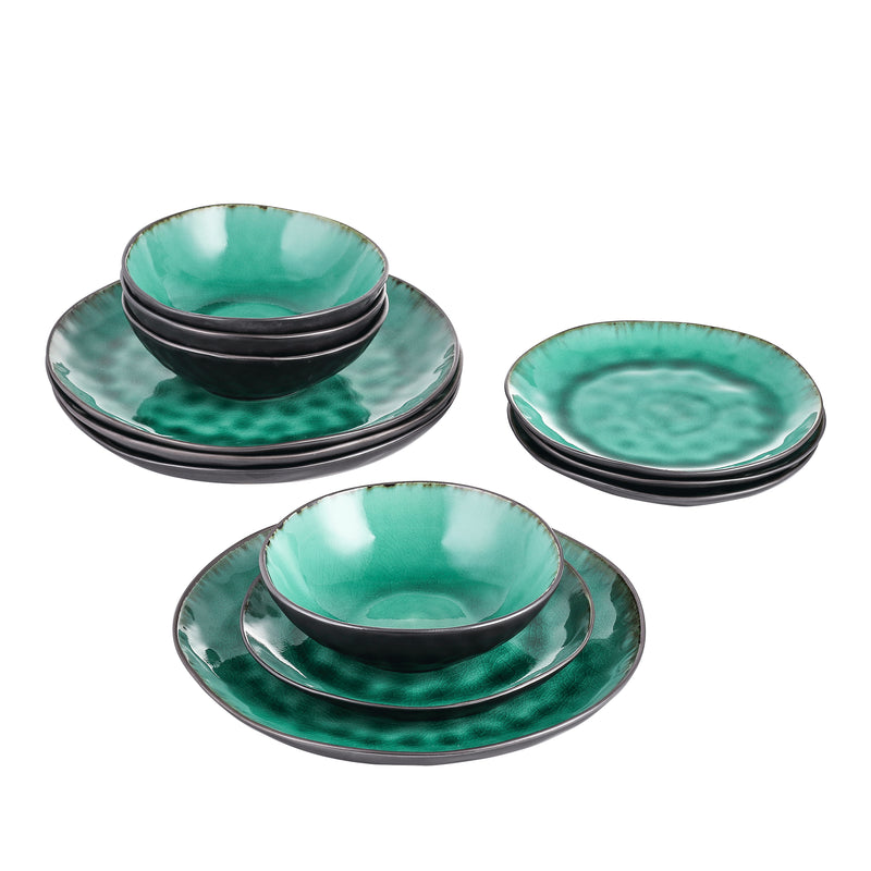 12-Piece Pottery Stoneware Vintage Look Ceramic Green Dinnerware Set