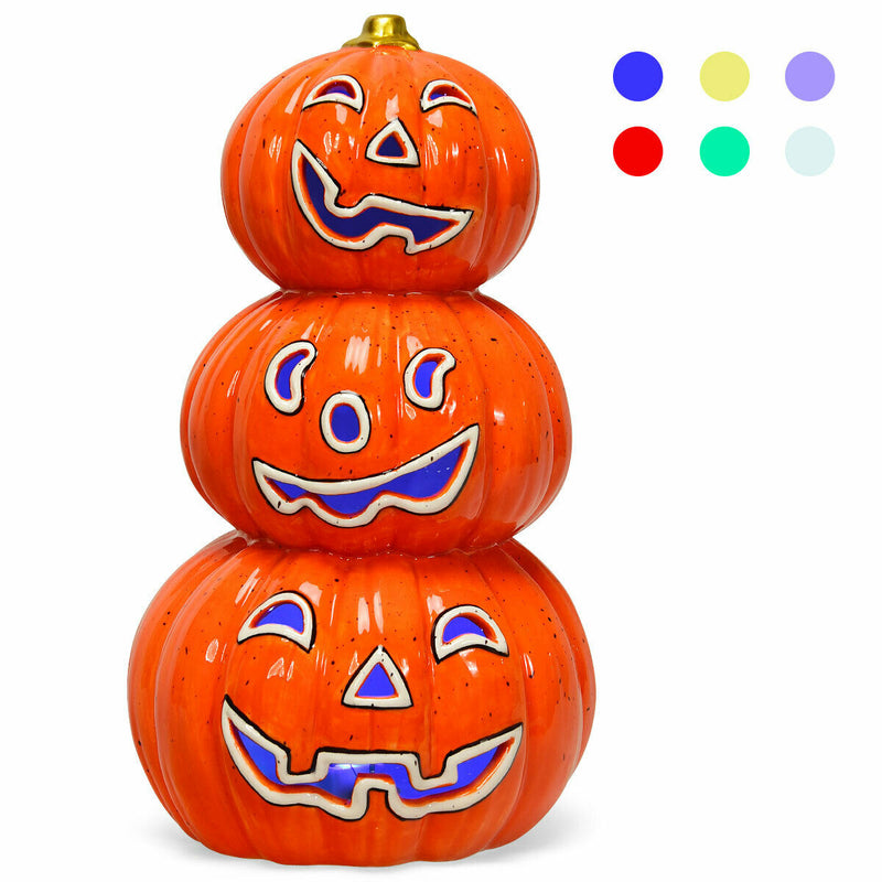 3-Tier Color-Changing Lighted Ceramic Pumpkin Lantern Battery Powered Halloween CM22644