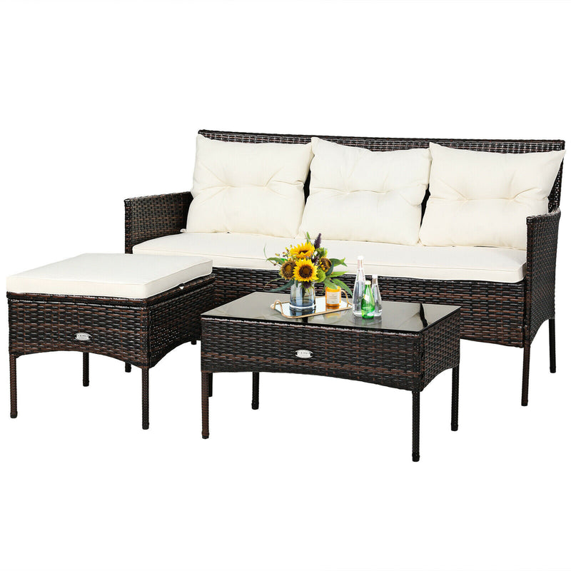 3PCS Patio Rattan Furniture Set 3-Seat Sofa Cushioned Table Garden HW67714WH
