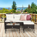 3PCS Patio Rattan Furniture Set 3-Seat Sofa Cushioned Table Garden HW67714WH