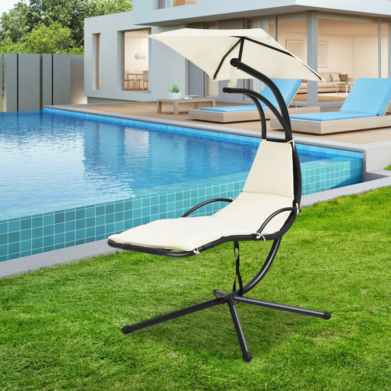Patio Hanging Hammock Chaise Lounge Chair with Canopy Cushion Beige  NP10114BE