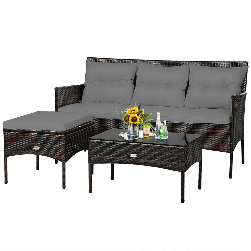 3PCS Patio Rattan Furniture Set 3-Seat Sofa Cushioned Table Garden Gray  HW67714GR