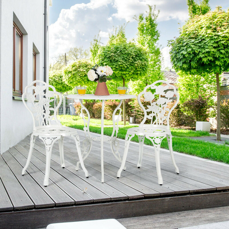 Outdoor 3PCS Cast Aluminum Patio Bistro Furniture Set Rose Design White