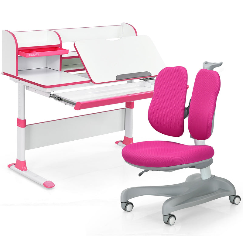 Adjustable Kids Study Desk Drafting Table Chair Set w/ Bookshelf Pink