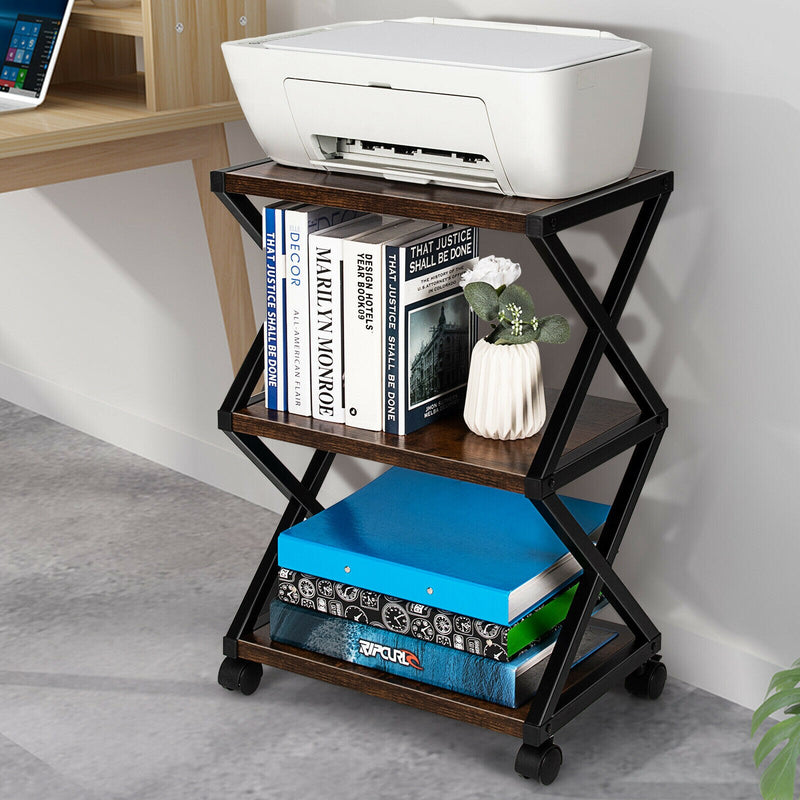 Mobile Printer Stand 3 Tier Storage Shelves Printer Cart w/ Pads Coffee