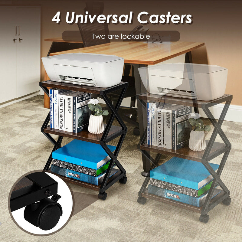 Mobile Printer Stand 3 Tier Storage Shelves Printer Cart w/ Pads Coffee