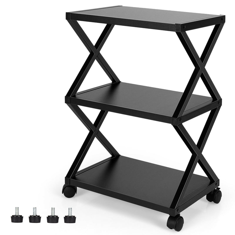 Mobile Printer Stand 3 Tier Storage Shelves Printer Cart w/ Pads Black