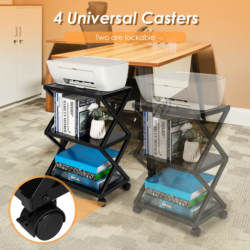Mobile Printer Stand 3 Tier Storage Shelves Printer Cart w/ Pads Black