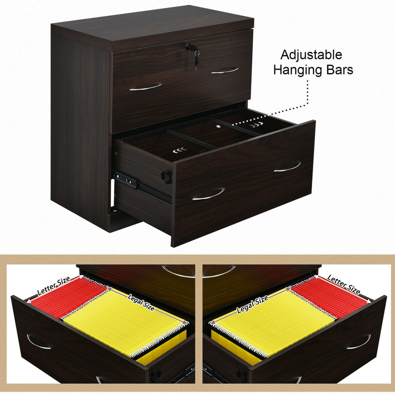 2-Drawer File Cabinet w/Lock, Hinging Bar Letter & Legal Size Espresso