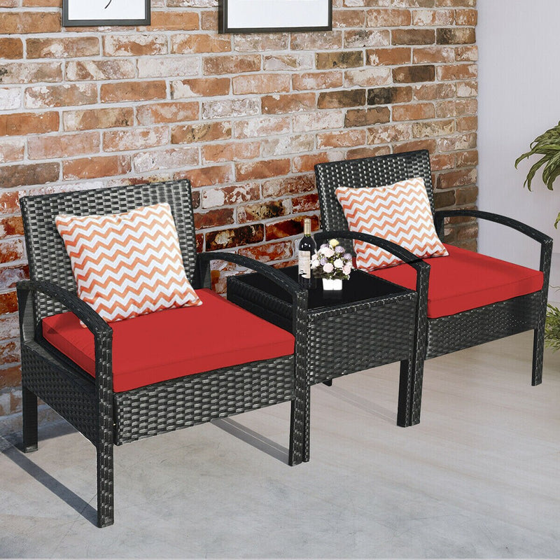 3PC Patio Rattan Furniture Set Table Conversation Sofa Cushioned Red