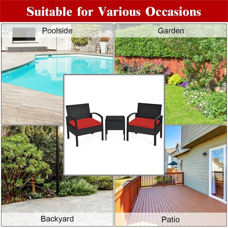 3PC Patio Rattan Furniture Set Table Conversation Sofa Cushioned Red