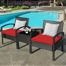 3PC Patio Rattan Furniture Set Table Conversation Sofa Cushioned Red