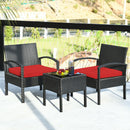 3PC Patio Rattan Furniture Set Table Conversation Sofa Cushioned Red