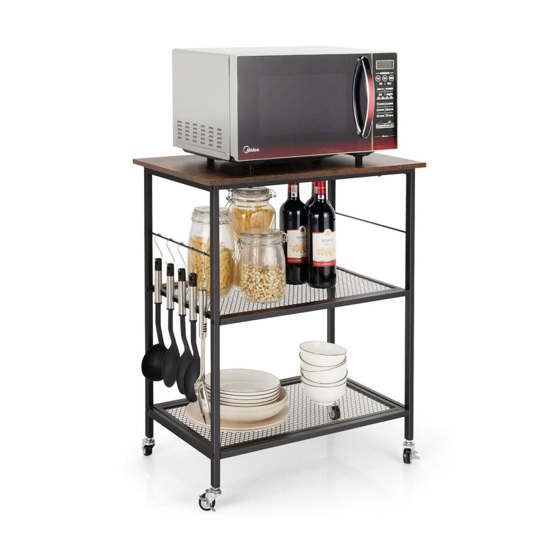 3-Tier Kitchen Serving Cart Utility Standing Microwave Rack w/ Hooks