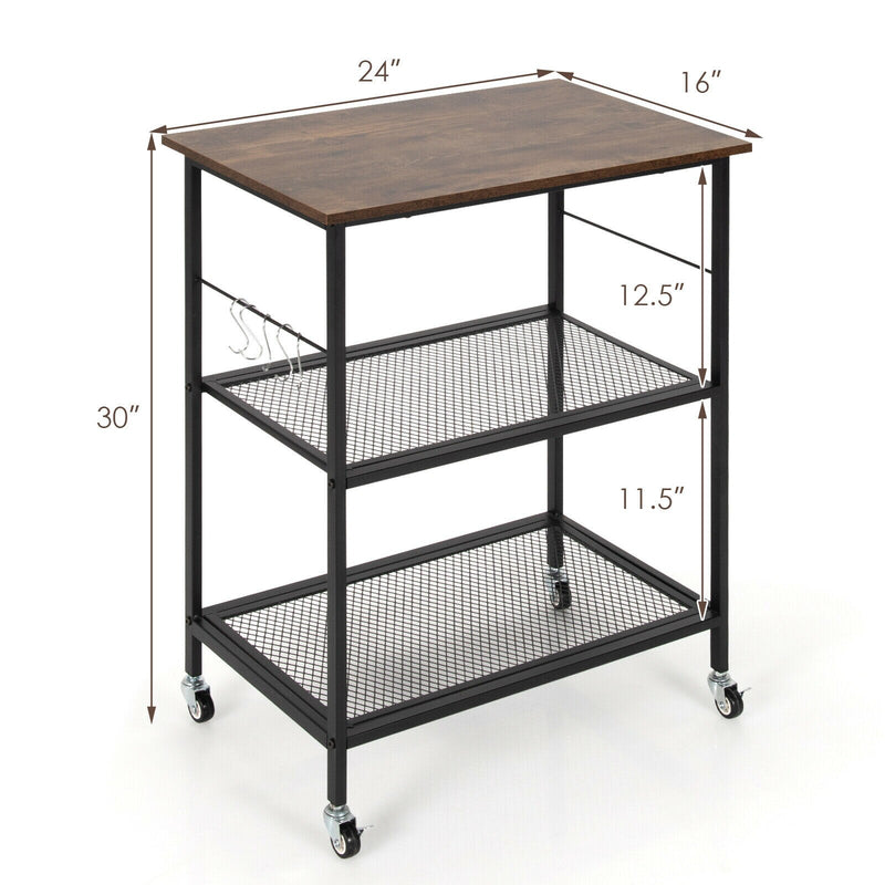 3-Tier Kitchen Serving Cart Utility Standing Microwave Rack w/ Hooks