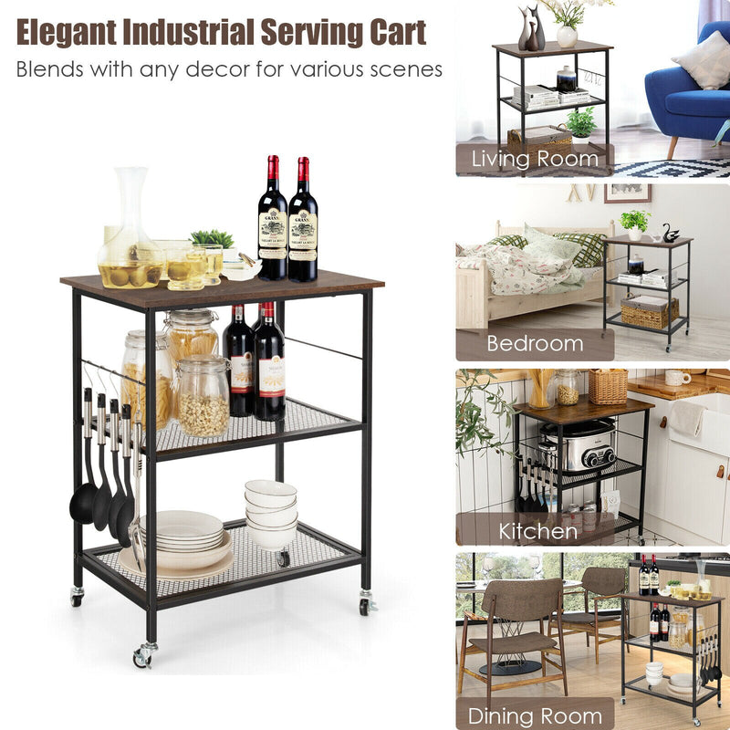 3-Tier Kitchen Serving Cart Utility Standing Microwave Rack w/ Hooks