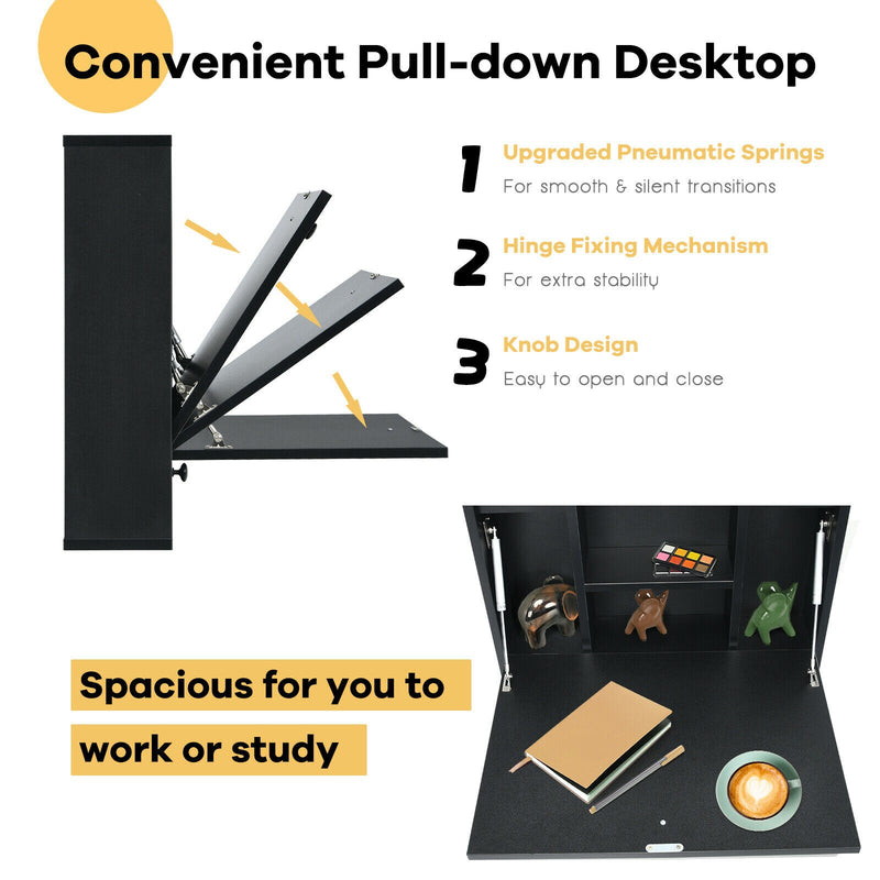 Wall-Mount Floating Desk Foldable Space Saving Laptop Workstation Black