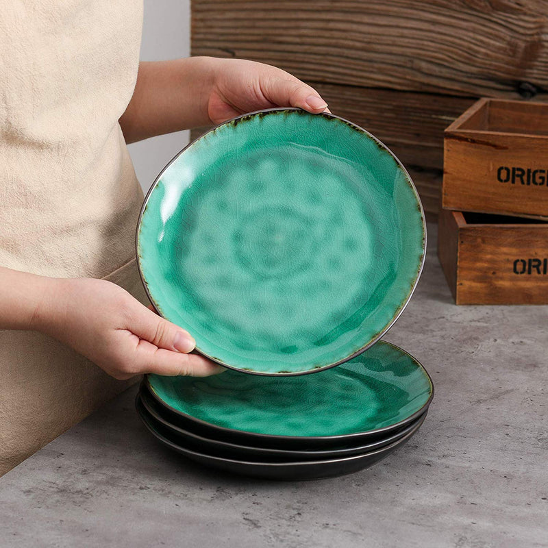 4/8/12 Pieces Pottery Stoneware Vintage Ceramic Green Plate Set