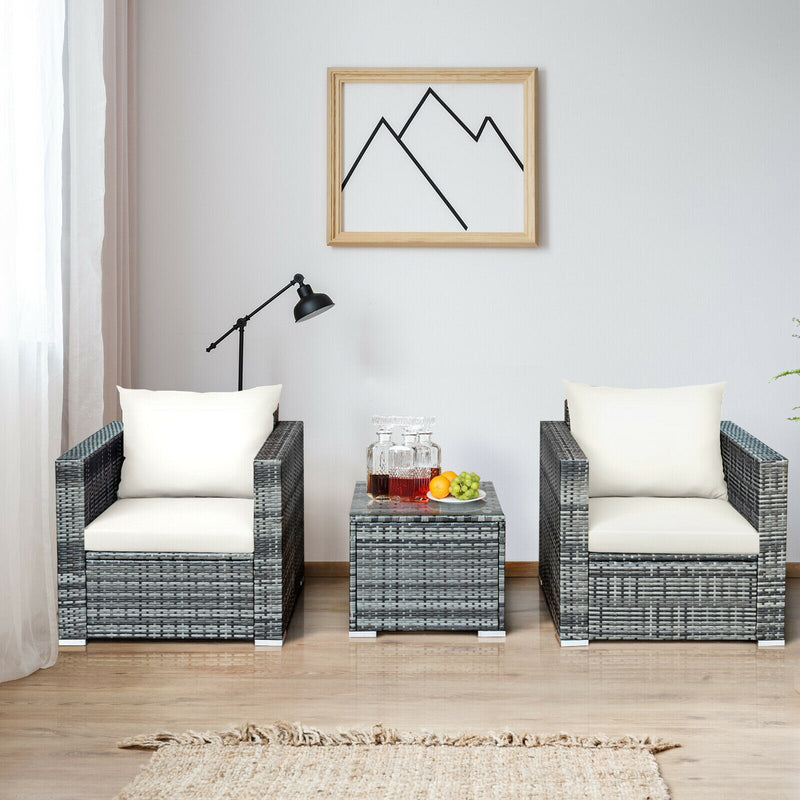 3 PC Patio Rattan Furniture Bistro Set Cushioned Sofa Chair Table White