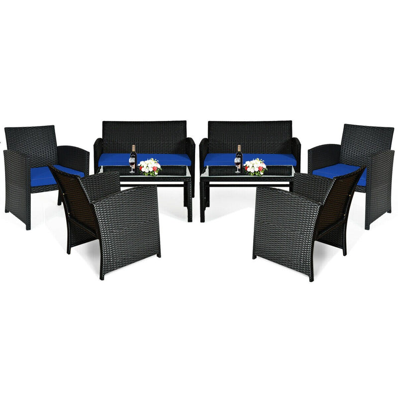 8PCS Patio Rattan Furniture Conversation Set Cushion Sofa Table Garden Navy