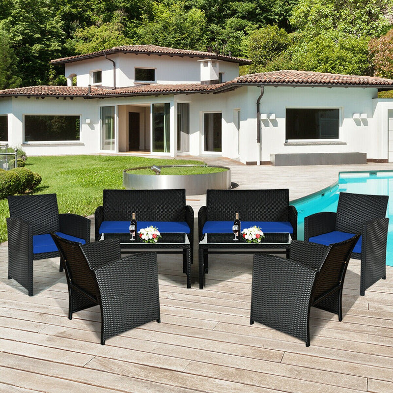 8PCS Patio Rattan Furniture Conversation Set Cushion Sofa Table Garden Navy