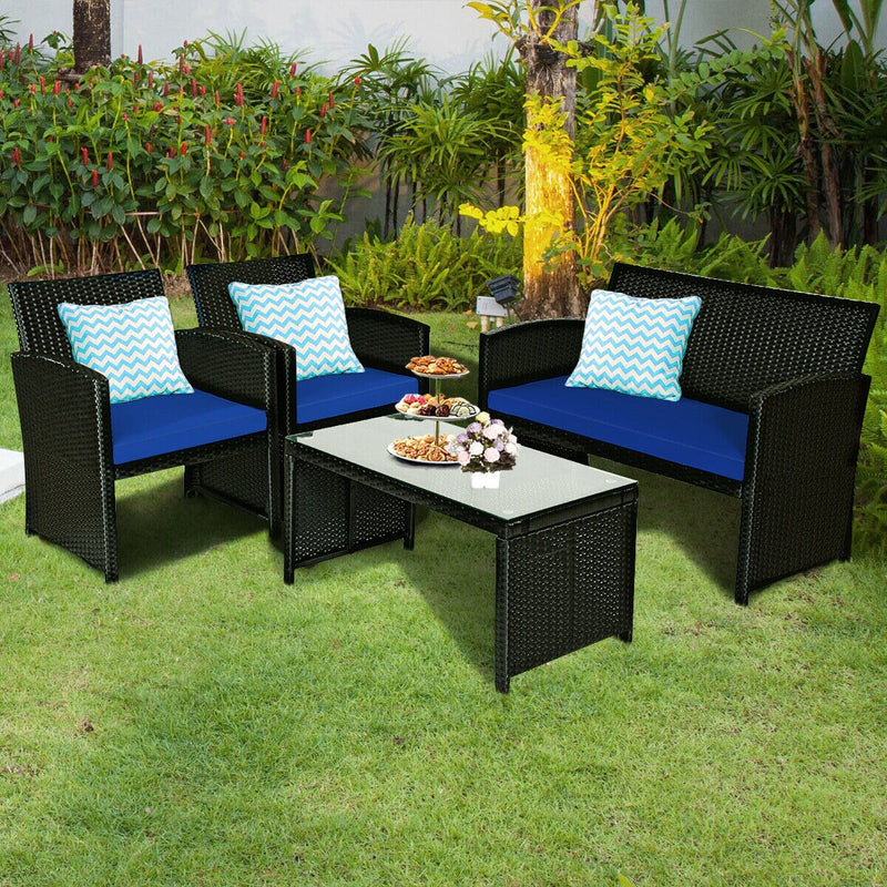 8PCS Patio Rattan Furniture Conversation Set Cushion Sofa Table Garden Navy