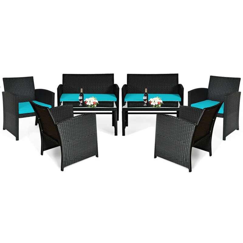 8PCS Patio Rattan Furniture Conversation Set Cushion Sofa Table Garden Turquoise