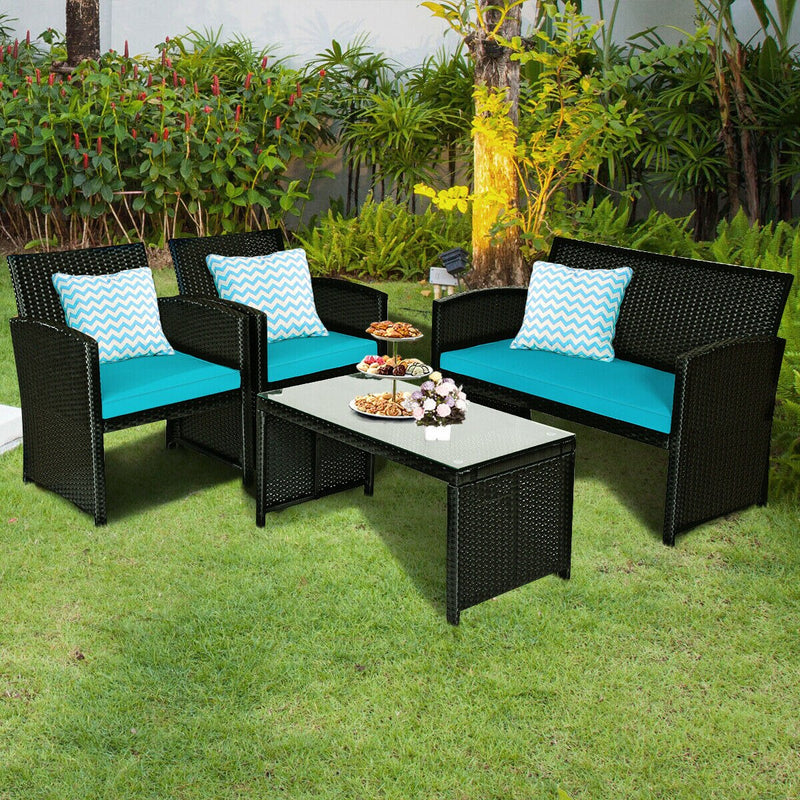 8PCS Patio Rattan Furniture Conversation Set Cushion Sofa Table Garden Turquoise