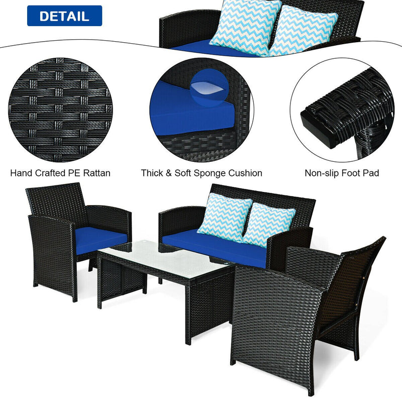 4PCS Patio Rattan Furniture Conversation Set Cushion Sofa Table Garden Navy