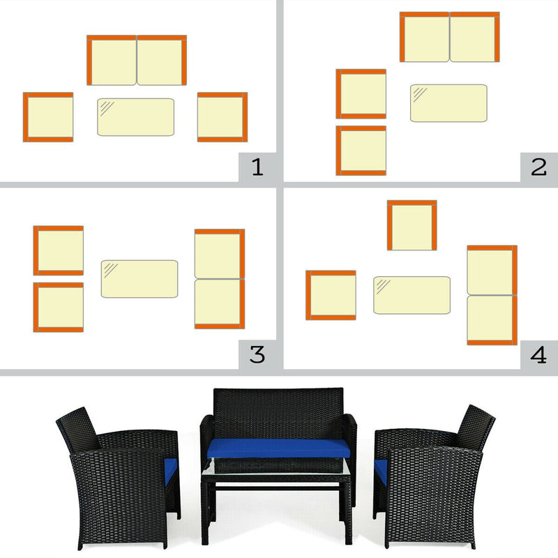 4PCS Patio Rattan Furniture Conversation Set Cushion Sofa Table Garden Navy