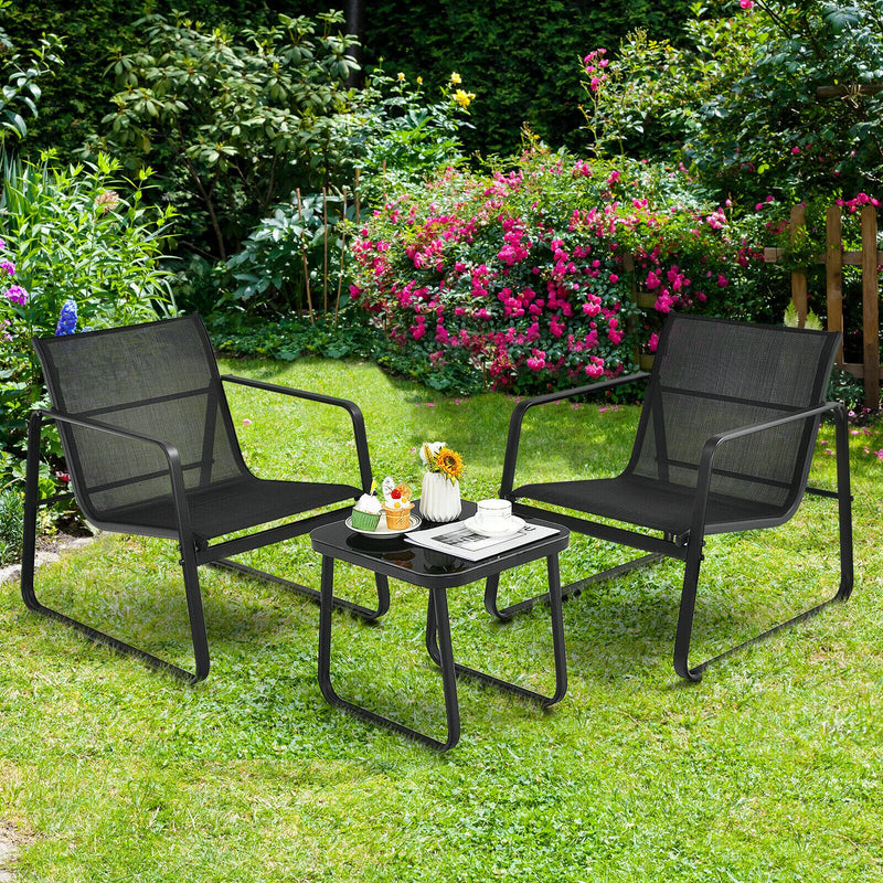 3PCS Patio Bistro Furniture Set Glass Top Table Garden Deck Black