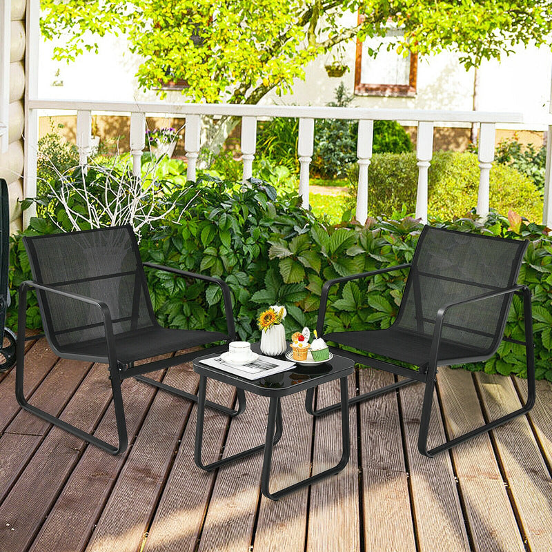 3PCS Patio Bistro Furniture Set Glass Top Table Garden Deck Black