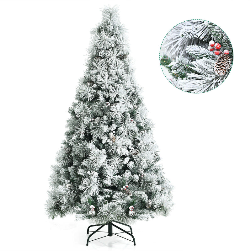 6ft Snow Flocked Christmas Tree Glitter Tips w/ Pine Cone & Red Berries