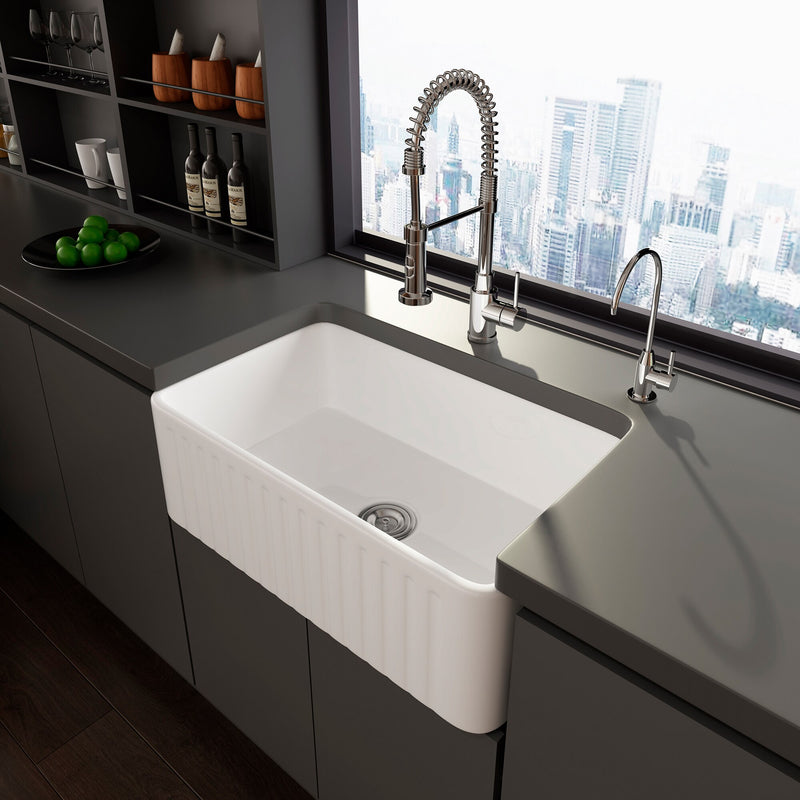 Rectangular Ceramic Single Kitchen Sink w/ Basket Strainer